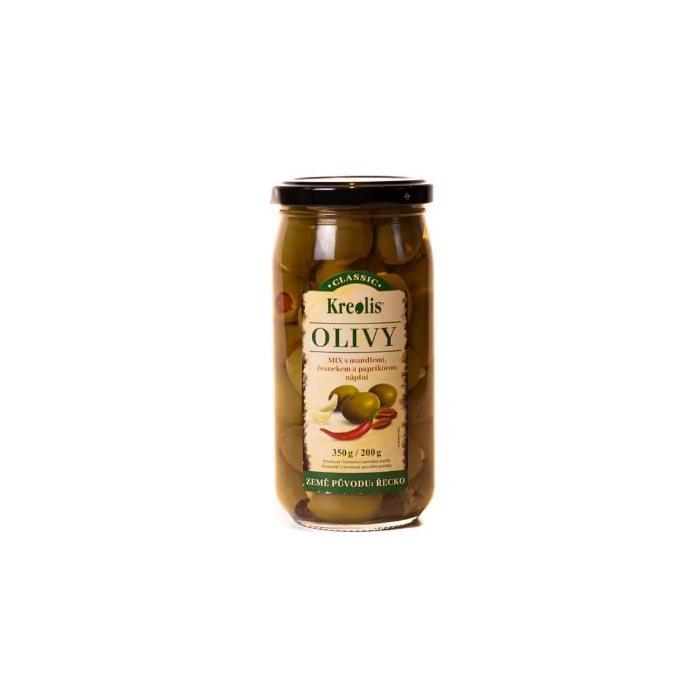 Zelené olivy MIX plněné mandlemi, česnekem a paprikou 350g