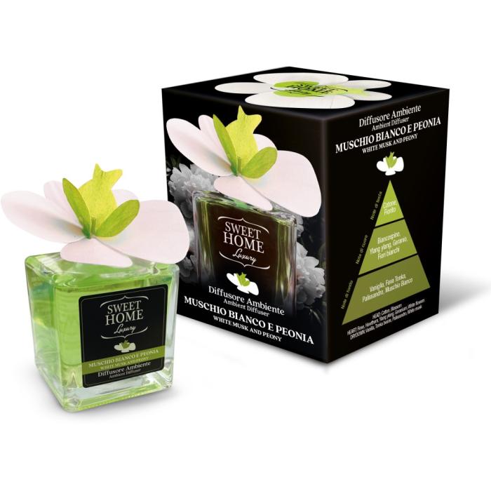 Sweet Home Aroma difuzér s dřevěnou květinou Bílý mošus & pivoňka 150 ml